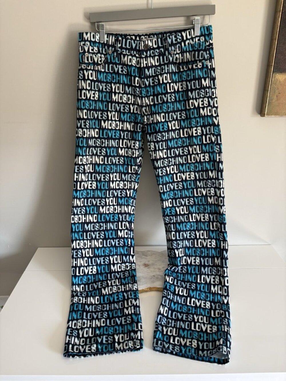 Moschino Jeans Loves You All Over Logo Print Flare Pants Size 33 Vintage Y2K